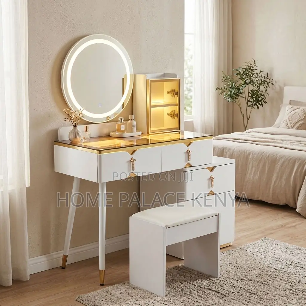 Vanity Set; Round Mirror White Vanity Set