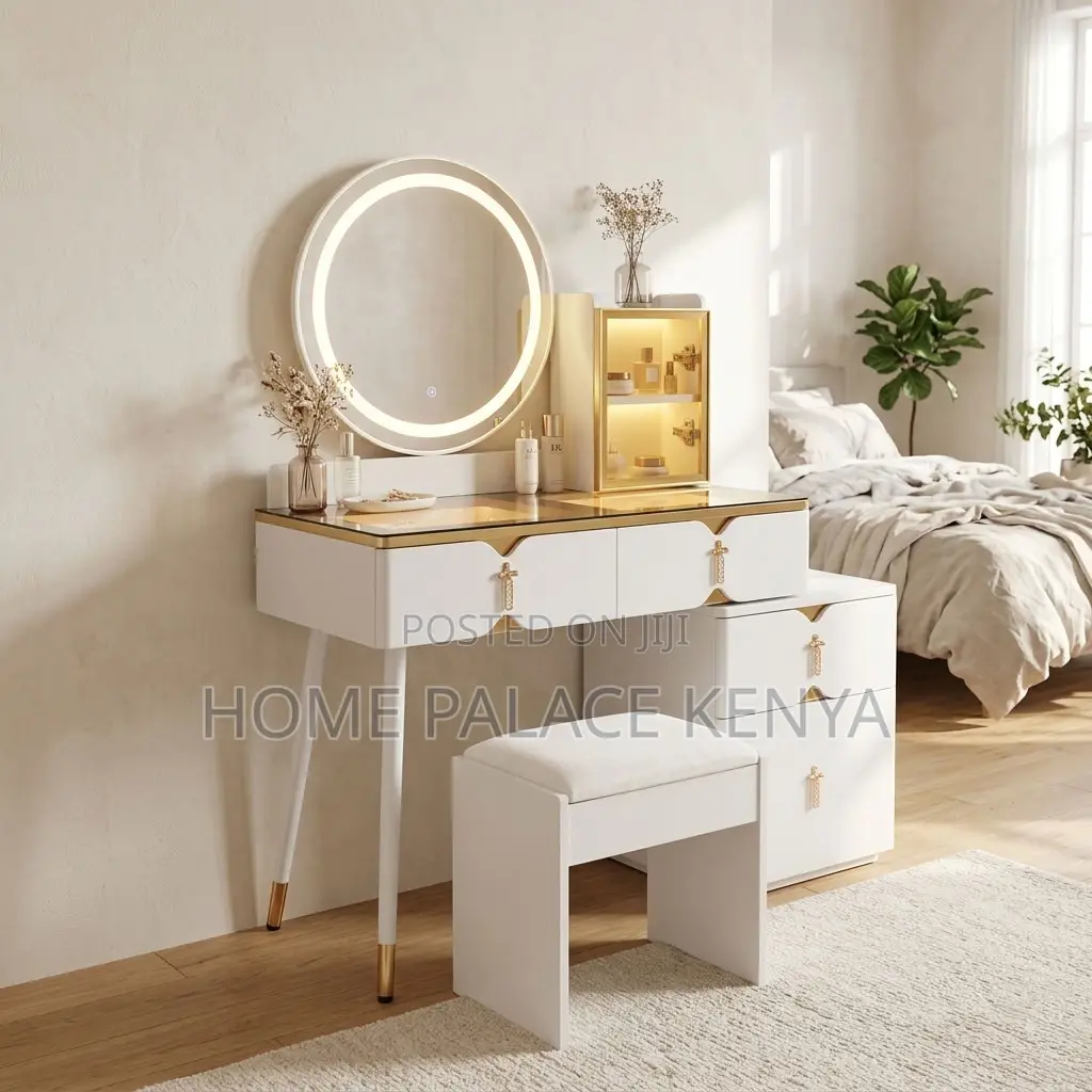 Vanity Set; Round Mirror White Vanity Set