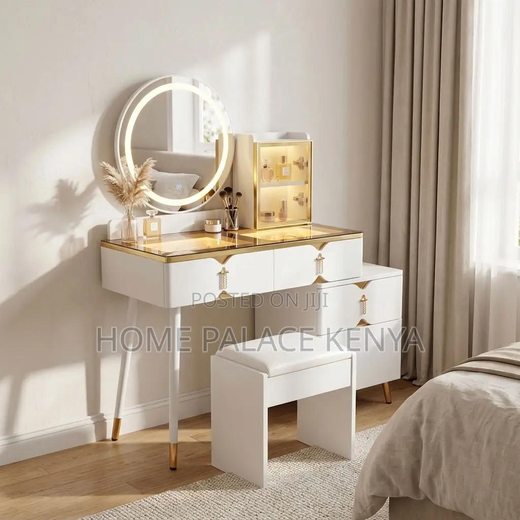 Vanity Set; Round Mirror White Vanity Set