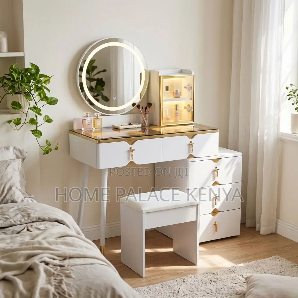 Vanity Set; Round Mirror White Vanity Set