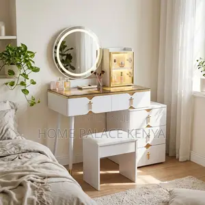 Vanity Set; Round Mirror White Vanity Set
