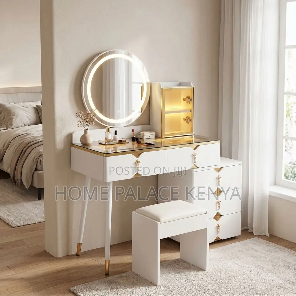 Vanity Set; Round Mirror White Vanity Set