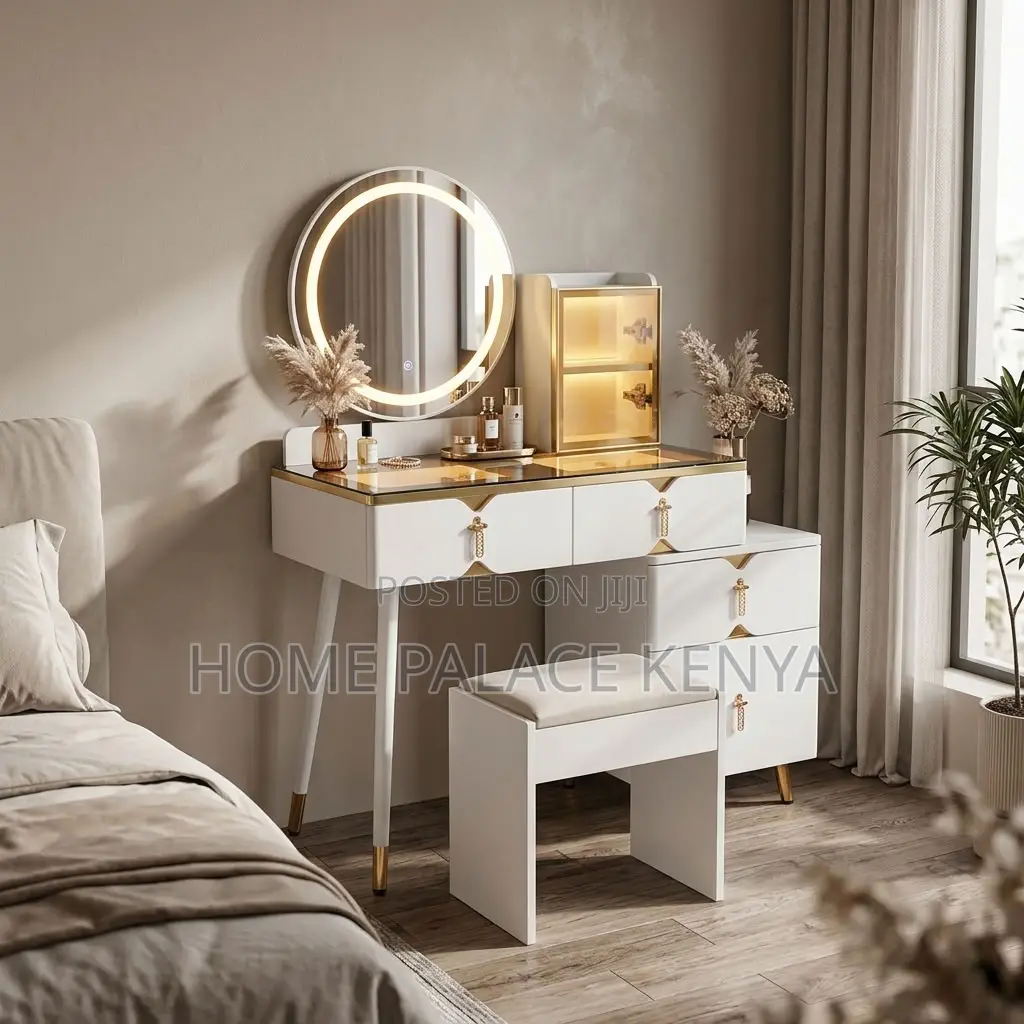 Vanity Set; Round Mirror White Vanity Set