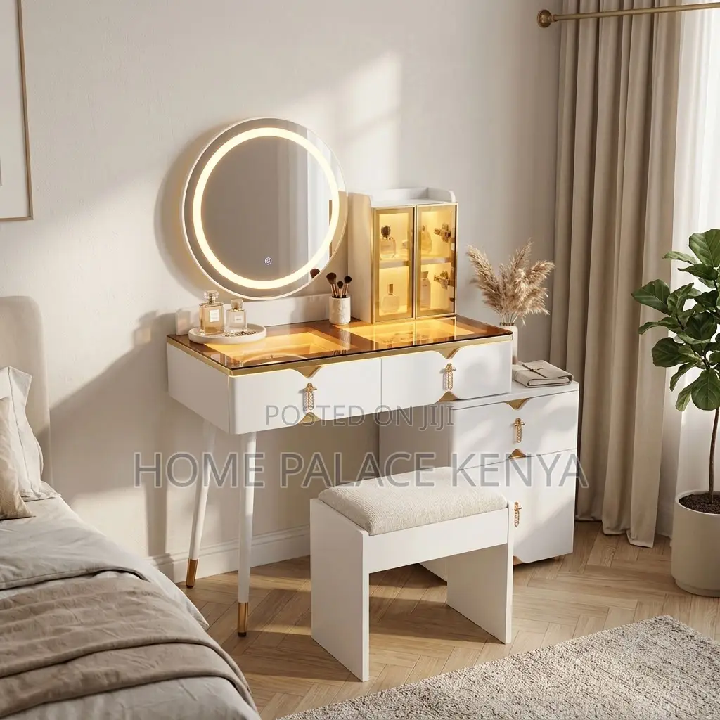 Vanity Set; Round Mirror White Vanity Set