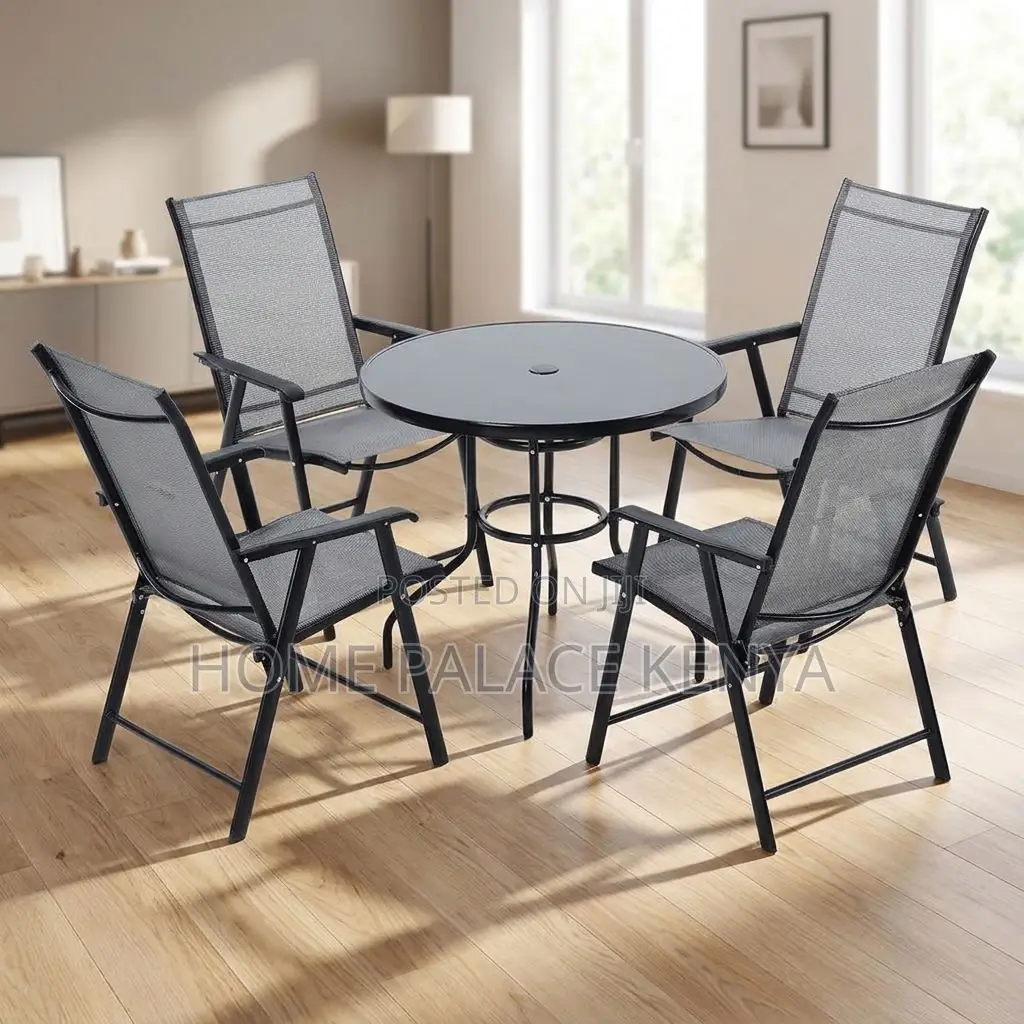 Outdoor Set; Foldable Four Chairs With Glass Table