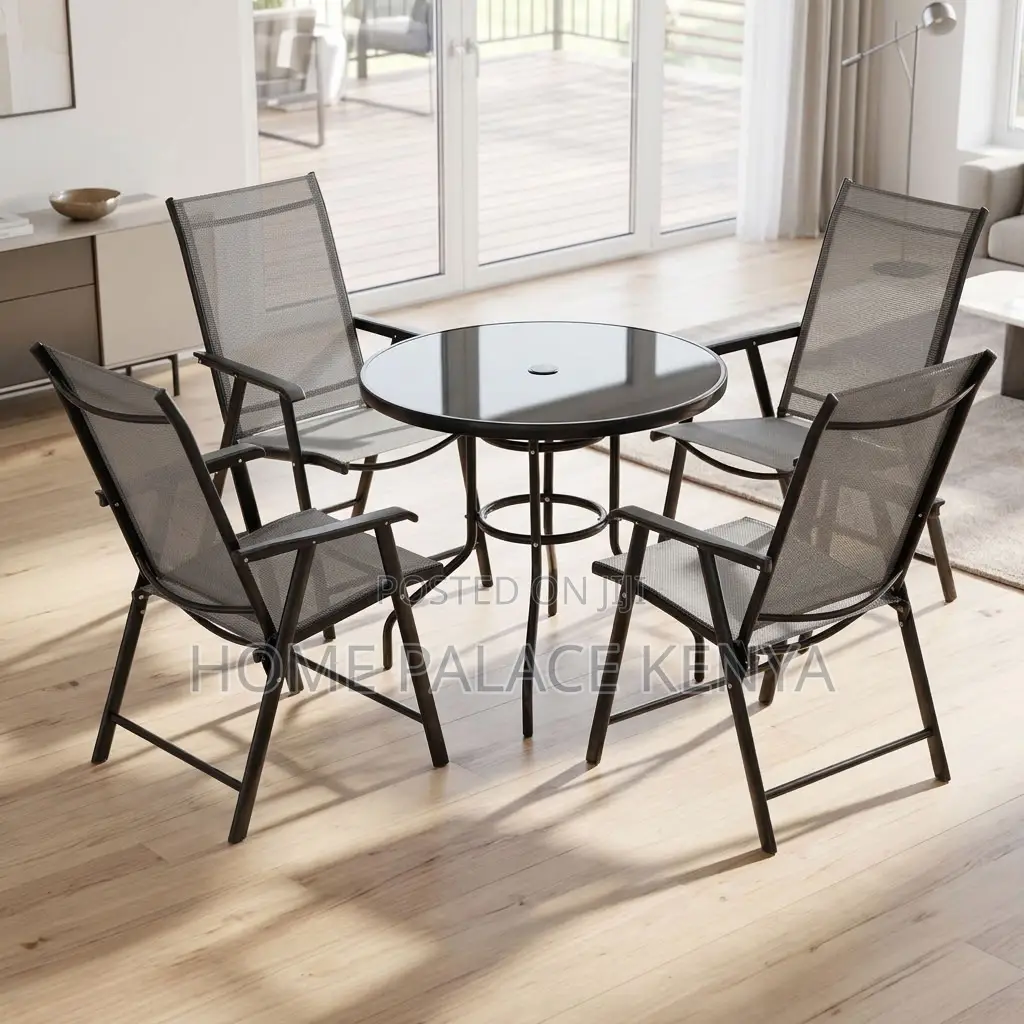 Outdoor Set; Foldable Four Chairs With Glass Table