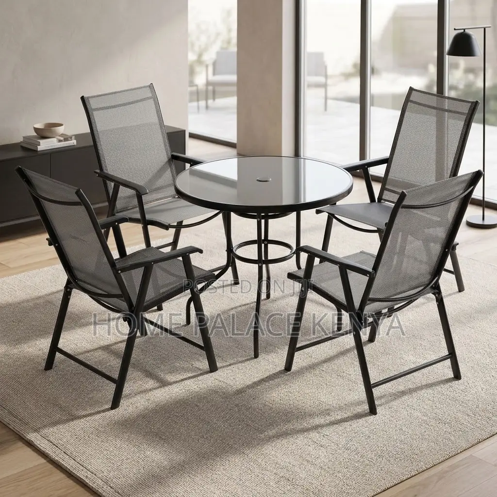 Outdoor Set; Foldable Four Chairs With Glass Table