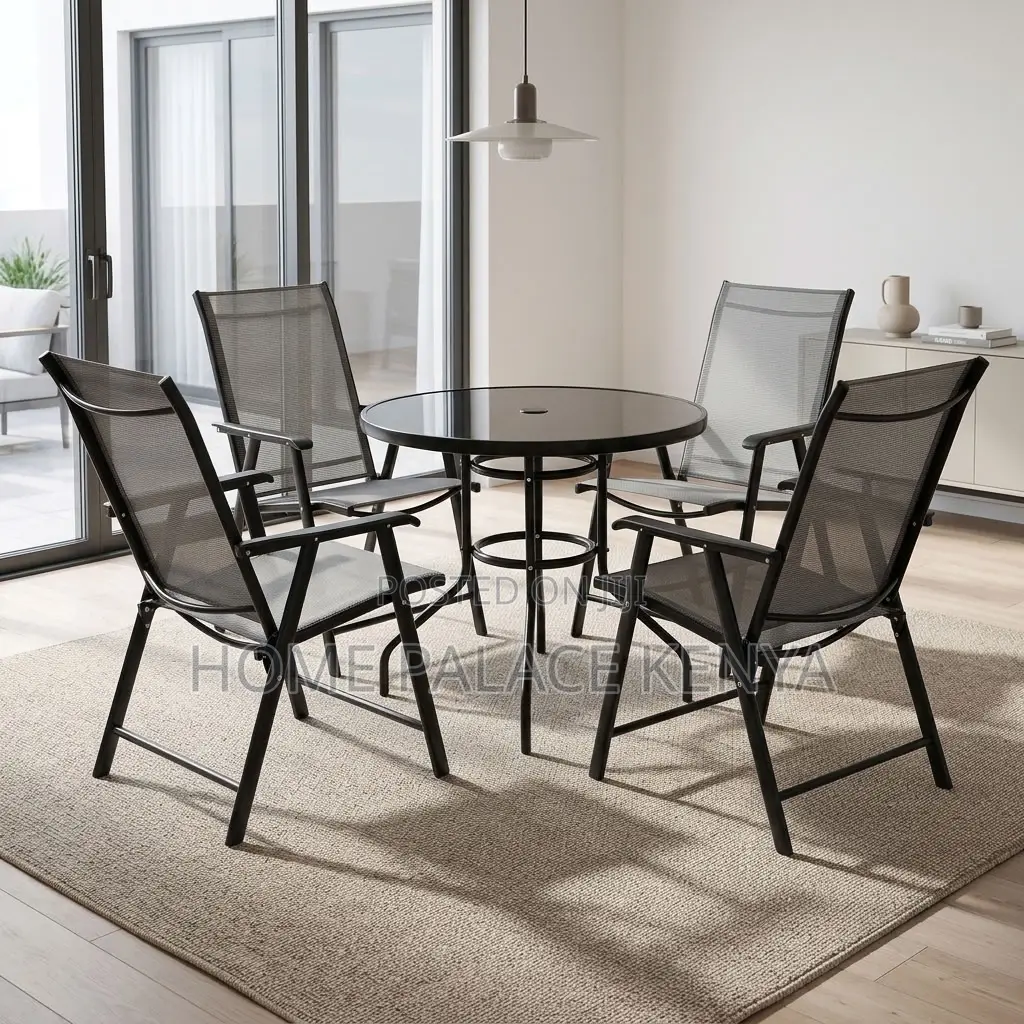 Outdoor Set; Foldable Four Chairs With Glass Table