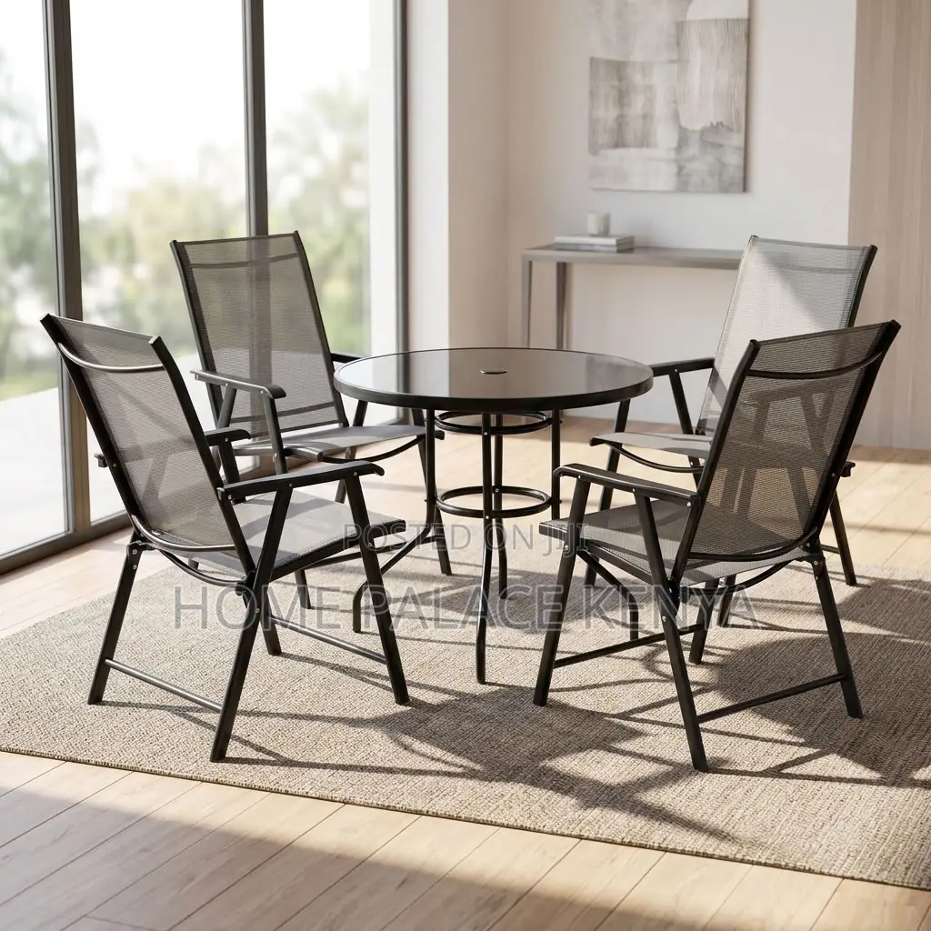 Outdoor Set; Foldable Four Chairs With Glass Table