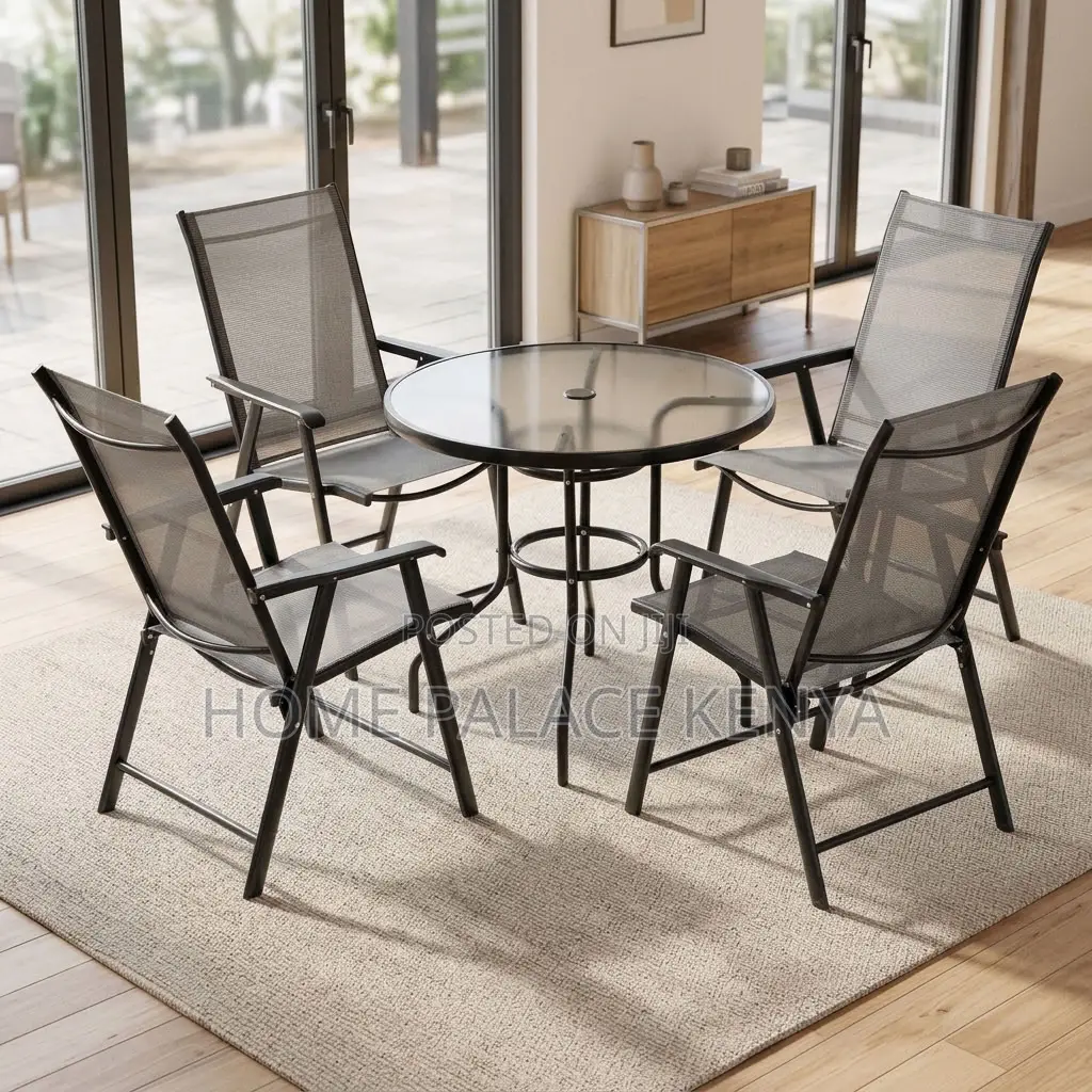 Outdoor Set; Foldable Four Chairs With Glass Table