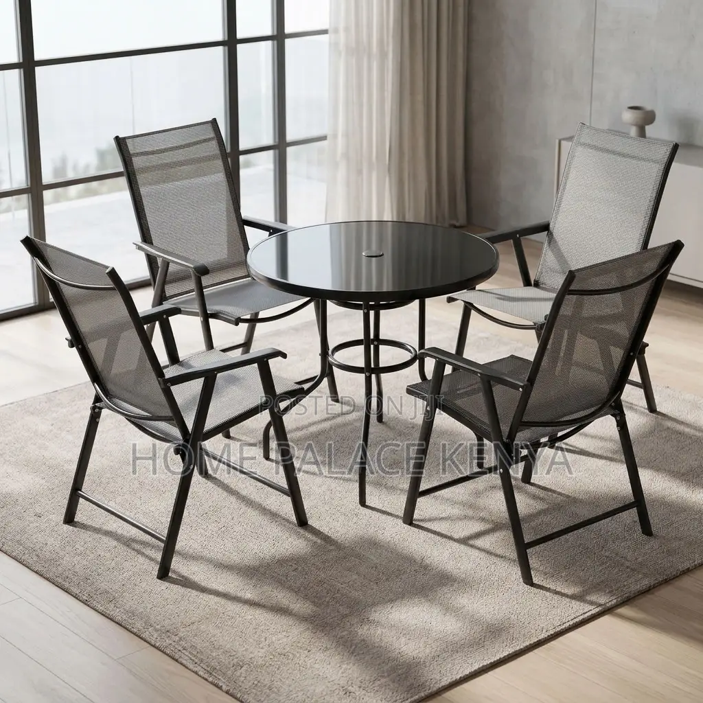 Outdoor Set; Foldable Four Chairs With Glass Table