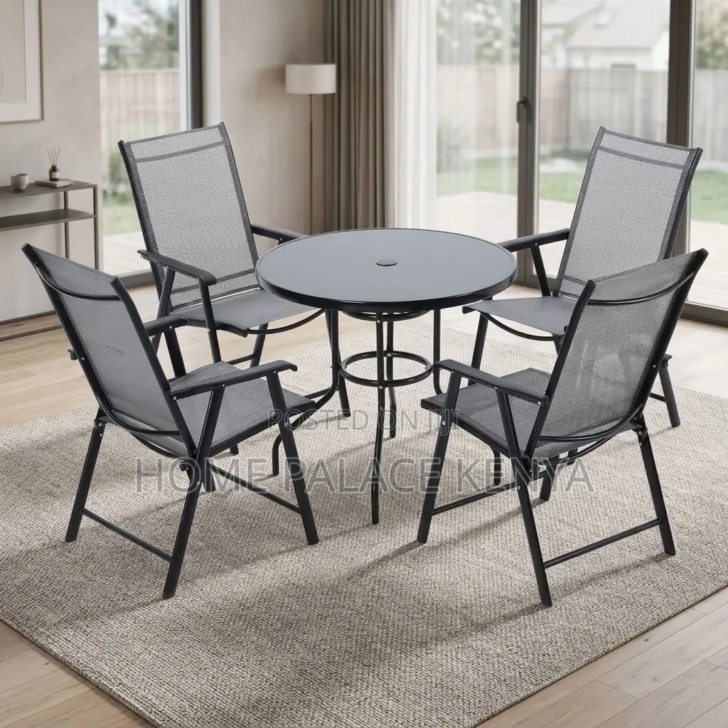Outdoor Set; Foldable Four Chairs With Glass Table