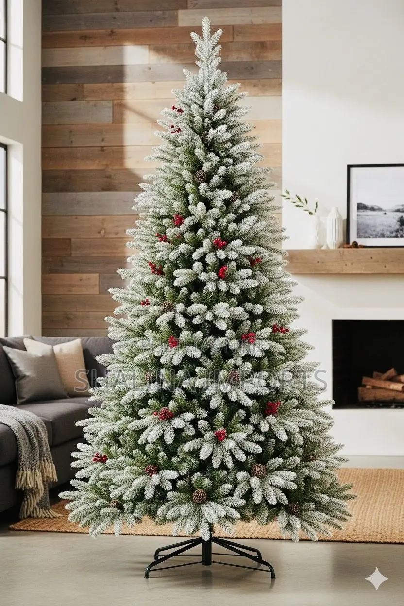 Premium Pine Snow Flocked Tree With Cone & Berries 2.4 Meters (8ft)