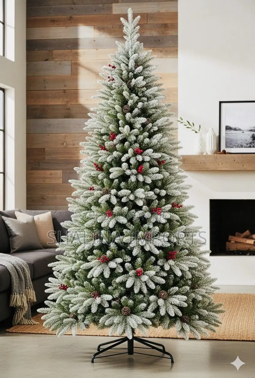 Premium Pine Snow Flocked Tree With Cone & Berries 2.4 Meters (8ft)