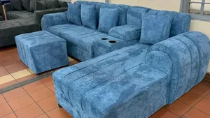 7 Blue Bubble L Sofa Set With Cup Holders