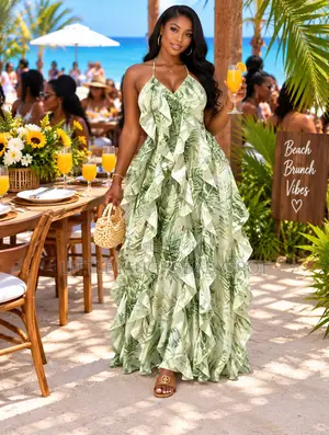 Ladies Ruffle Halter Maxi Dress - Floral Print Summer Dress