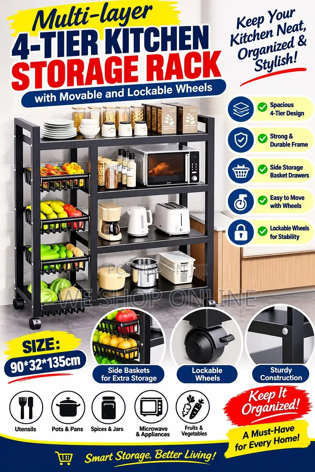 Multi-Layer 4-Tier Kitchen Storage Rack With Wheels
