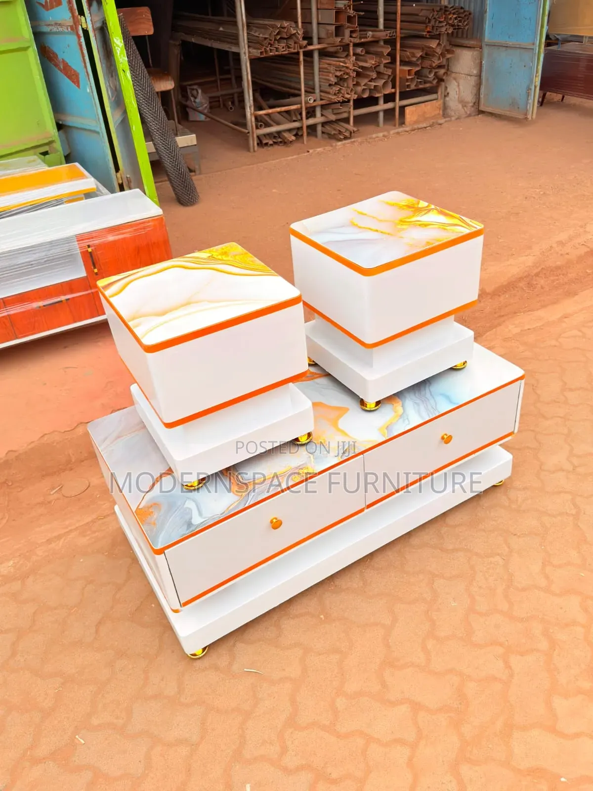 White and Gold Coffee Table With Matching Stools
T