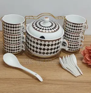 Ceramic Soup Serving Set With a Black-and-White Geometric Pattern,