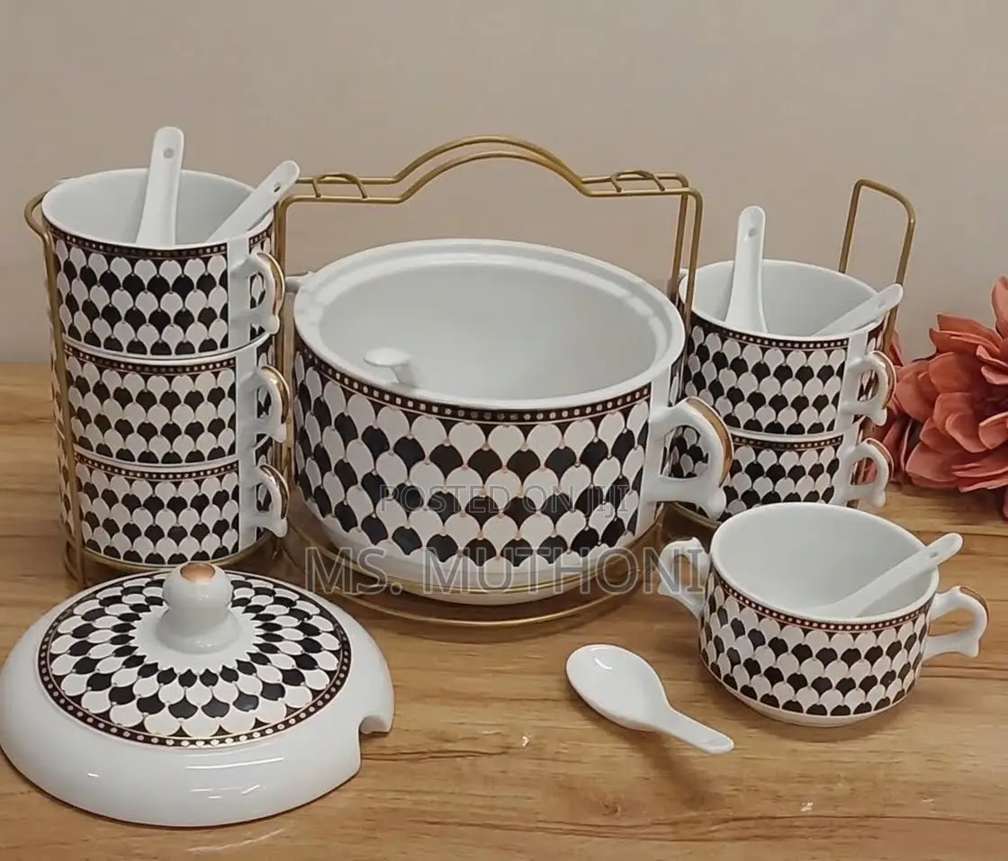 Ceramic Soup Serving Set With a Black-and-White Geometric Pattern,