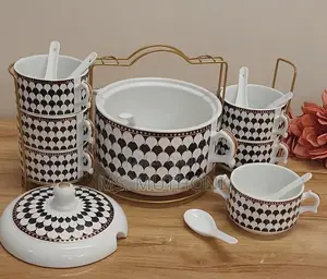 Ceramic Soup Serving Set With a Black-and-White Geometric Pattern,