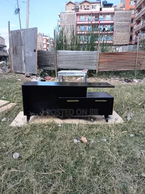 4FT Black TV Stand - Black Wooden Legs + Gold Handles