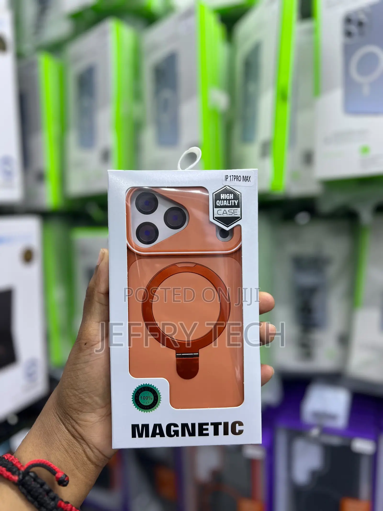Orange Magnetic Case With Ring Stand Is in a Box foriPhone 17 Pro Max.