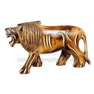 Elegant Hand-Carved Wooden Lion Sculpture Statue