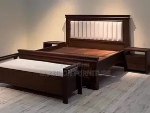 5x6 Luxury Dark Wood Bed Set + Padded Headboard, Bench & 2 Nightstands