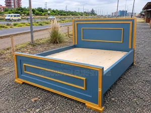 Custom 5x6 Slate Grey Wooden Bed Frame With Bold Gold Trim