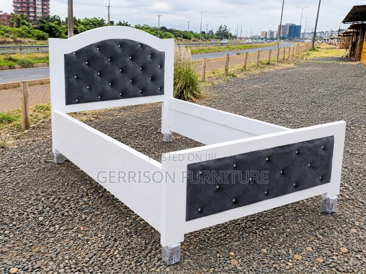 Custom 4x6 White Wooden Bed Frame With Charcoal Grey Tufting
