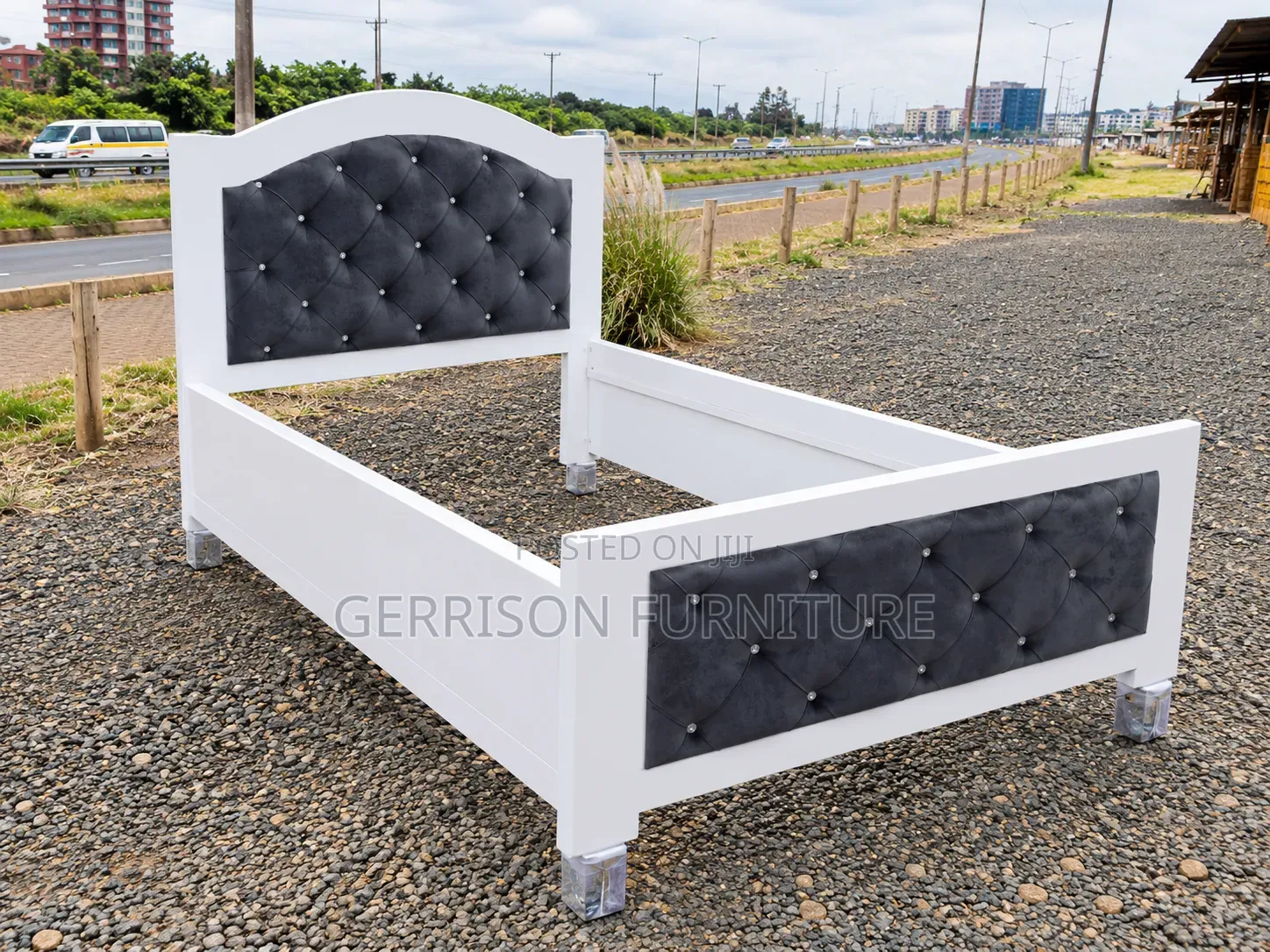 Custom 4x6 White Wooden Bed Frame With Charcoal Grey Tufting