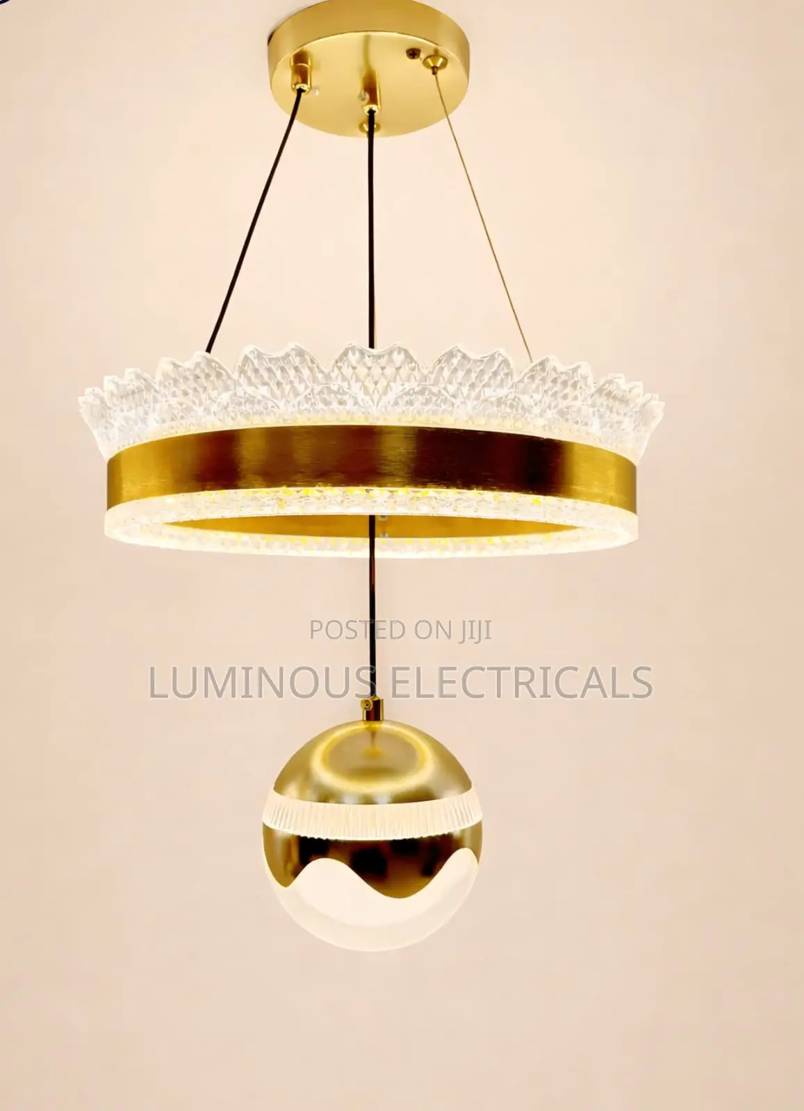 Luxury LED Crystal Crown & Gold Globe Pendant Chandelier