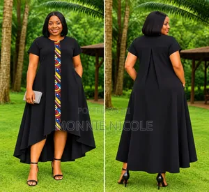 Quality Elegant Black Ankara Stripped Dress. High Low