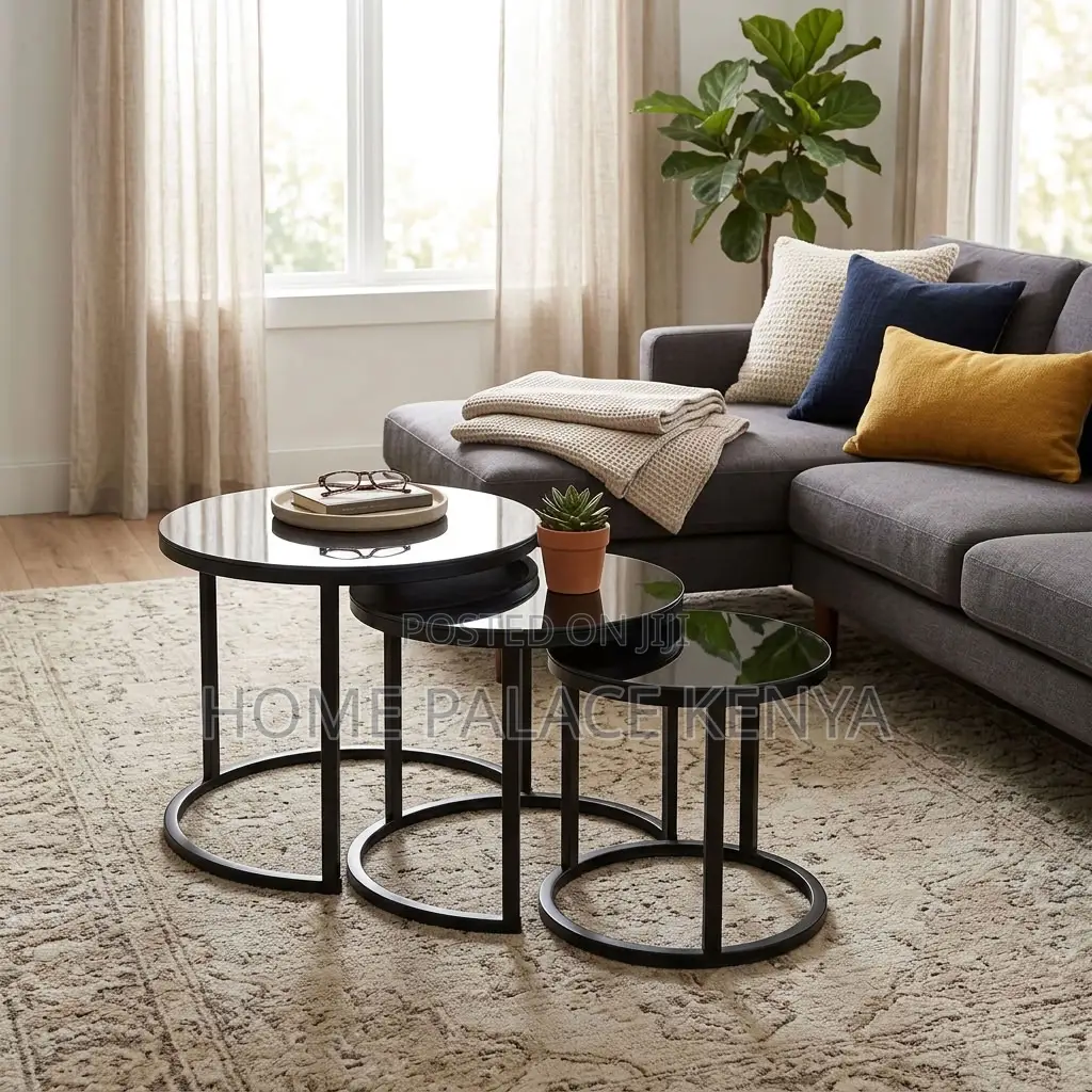 Coffee Stools; Round Glass Top 3 Nesting Stools