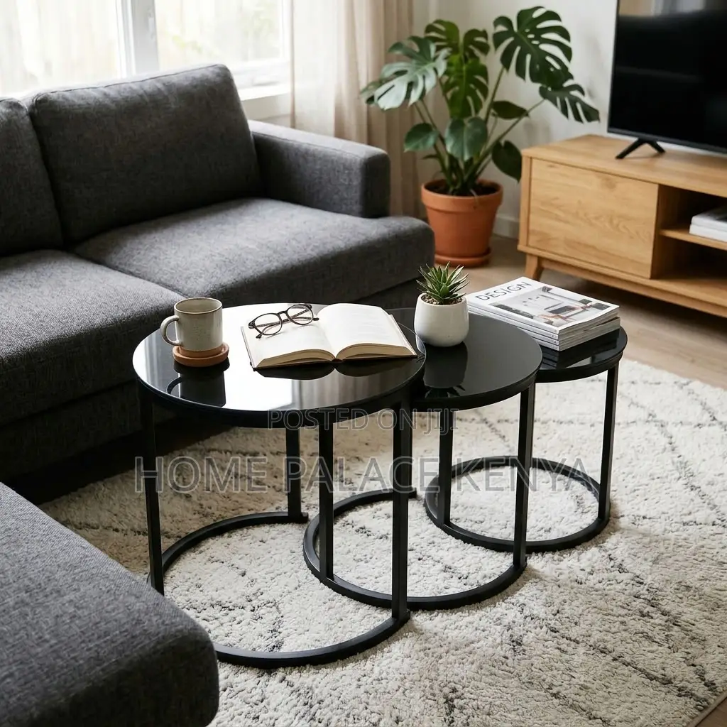 Coffee Stools; Round Glass Top 3 Nesting Stools
