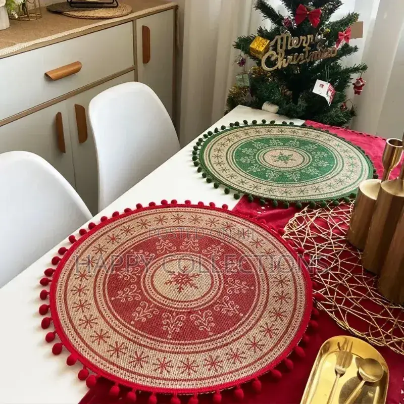 *Red Pompom Placemat Cute Woven Table Mats Kitchen Coffee Decor