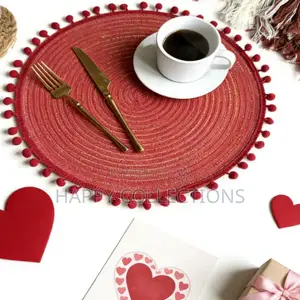 *Red Pompom Placemat Cute Woven Table Mats Kitchen Coffee Decor