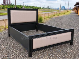 Custom 5x6 Black Wooden Bed Frame With Cream Padded Panels