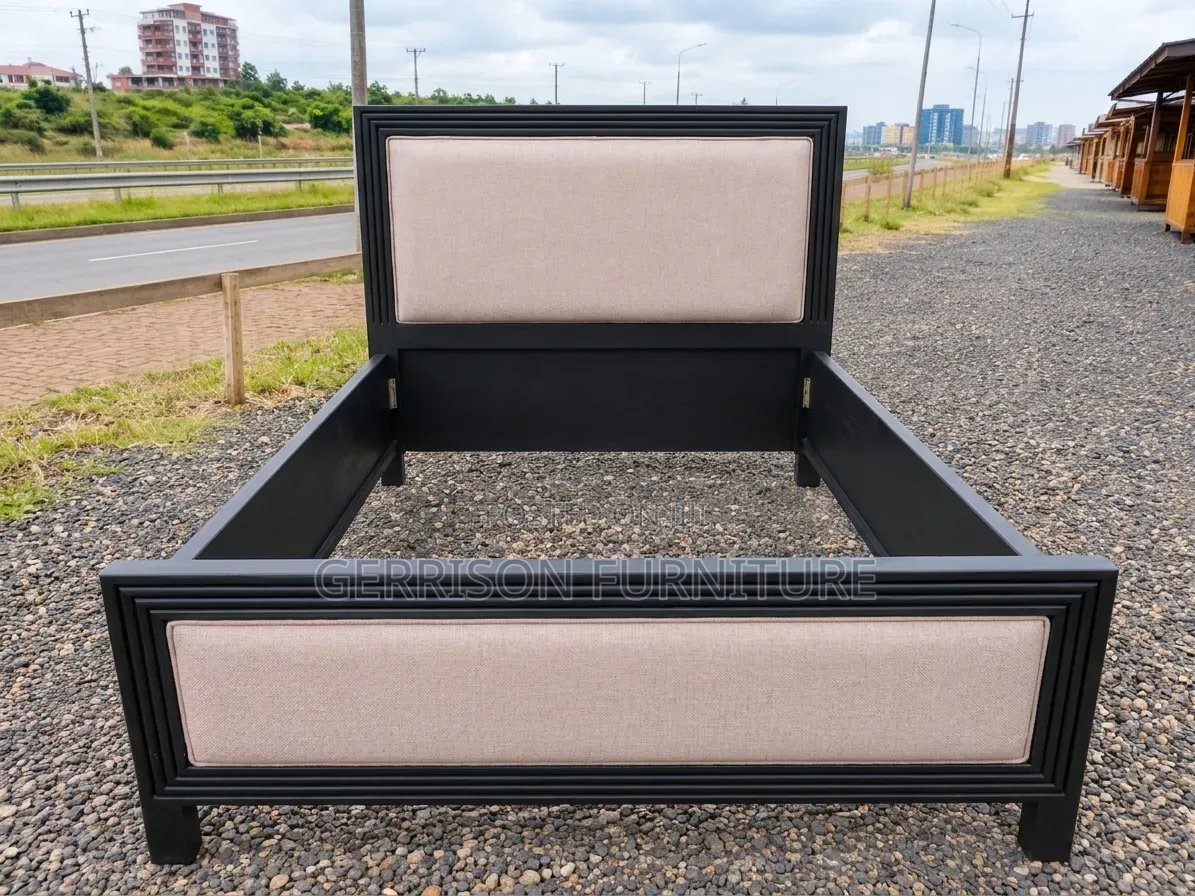 Custom 5x6 Black Wooden Bed Frame With Cream Padded Panels