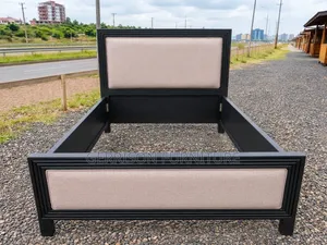 Custom 5x6 Black Wooden Bed Frame With Cream Padded Panels