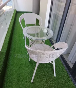 White Wicker Balcony Set 2 Chairs and Round Glass Top Table