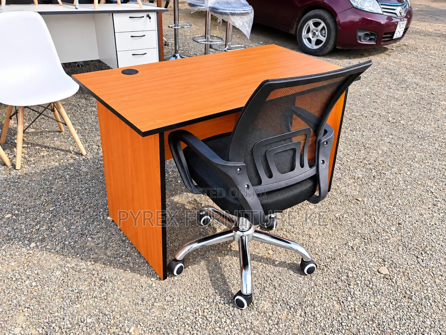 Cherry Brown Computer Desk With Ergonomic Mesh Office Chair