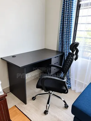 Matte Black Executive Desk With 3 Drawers + Headrest Mesh Chair
