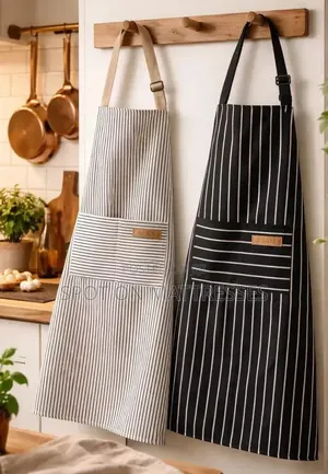 Available Now! Stripped Kitchen Aprons. Black/Gray. We Deliver!