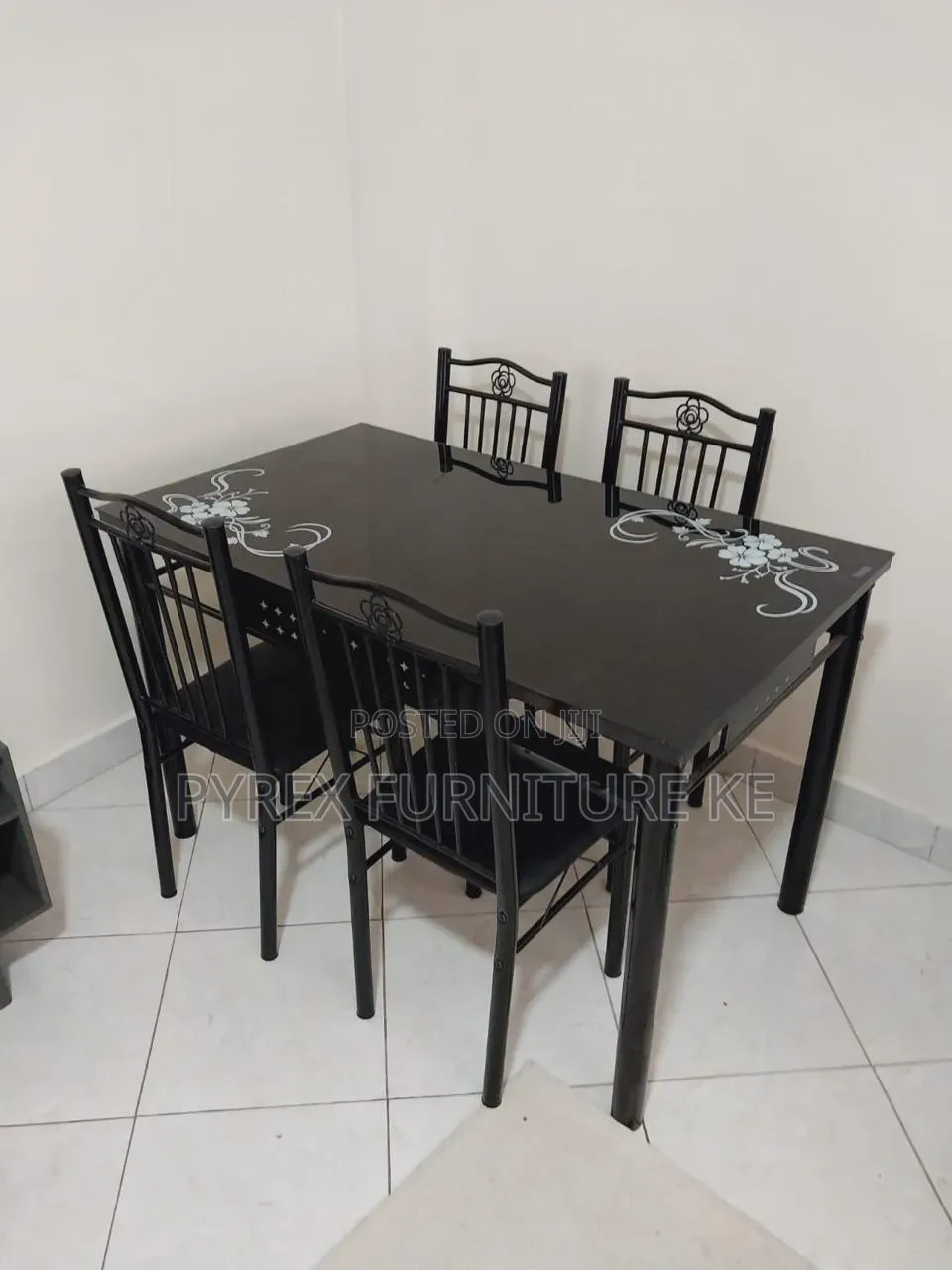 Black Tempered Glass 4 Chair Dining Set With Flower Pattern