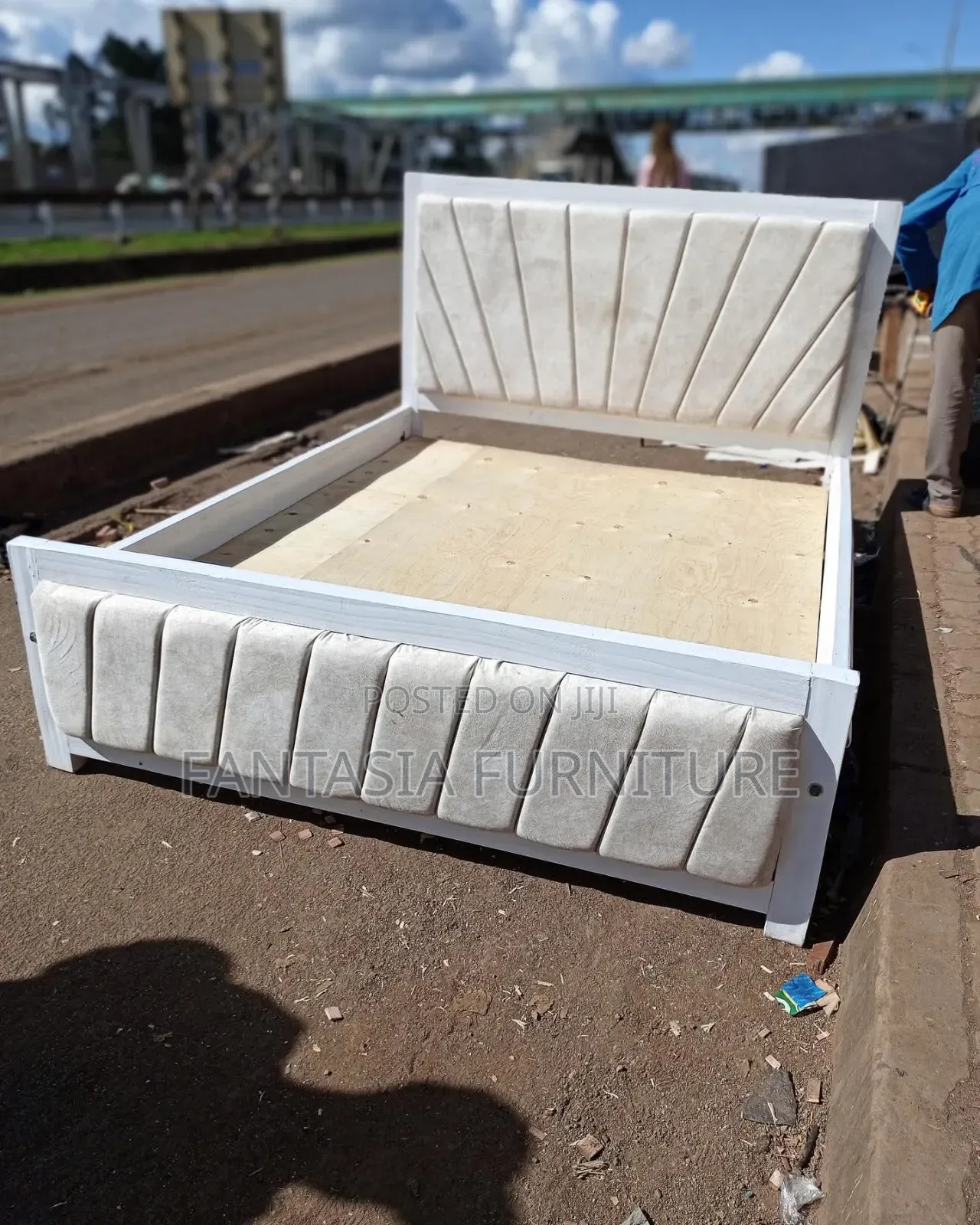 5 by 6 White Upholstered Wooden Bed