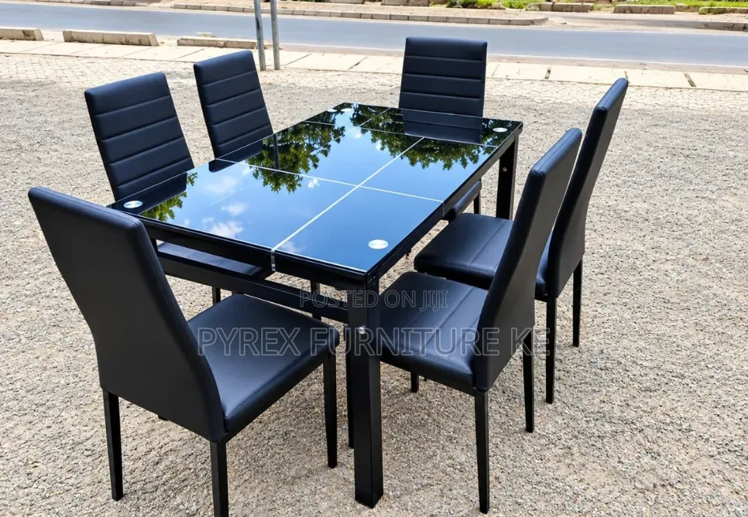 6 Person Black Tempered Glass Table With High Back Chairs