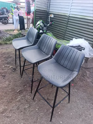 Grey PU Leather High Stool With Black Metal Legs and Channel Back