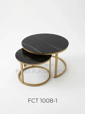 Black Faux Marble Coffee Tables With Gold C-Shaped Legs - 2 Piece Set